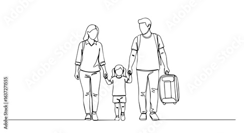 Family walking on a family trip with baggage and backpack. This family trip shows how family is important, and also shows vacation. Conceptual family trip can show family values,