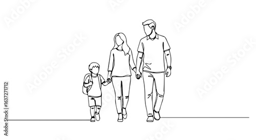 Line art illustrating family trip featuring mother, father, and child walking hand in hand. Family trip showcases unity and connection, creating heartwarming scene of togetherness,