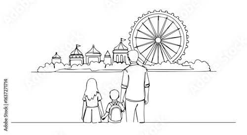 Family trip to carnival with mother, father, and two children looking at Ferris wheel and tents. Family trip shows happy family enjoying fair attractions.