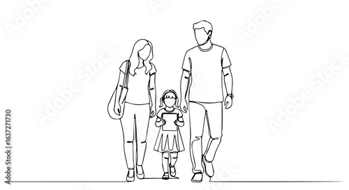 Family trip outline art featuring father, mother and daughter walking together. This family trip illustration displays connection, family and shared moments, simple black drawing, minimalist style,