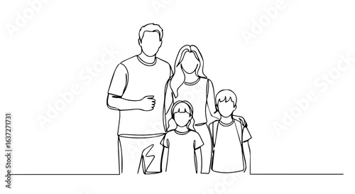 Family trip outlined in minimalistic drawing showcases happy parents with kids on vacation, family trip enjoying time together. Line art captures family trip, offering representation of kinship,