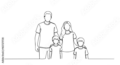 Minimalist family trip with parents and two children in continuous line art. Family trip shows close bond of love, care, and togetherness. Enjoy family trip moments and cherish them for memories,