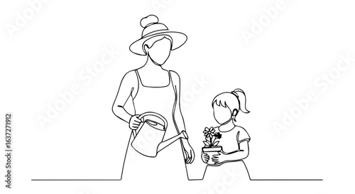 Depiction of summer weekend with mother and daughter caring for flowers in potted plant, presented in a minimalistic single continuous line drawing. Summer weekend activity is full of love and family.