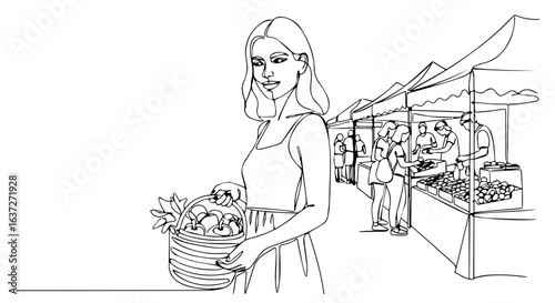 Summer weekend at farmers market with line drawing illustration of woman holding basket. Summer weekend includes vendors selling produce under awnings and people browsing stalls.