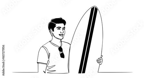 Man with surfboard enjoys summer weekend, smiling and relaxed. Summer weekend activities include surfing, sunbathing, and enjoying time outdoors. Get ready for summer weekend fun,