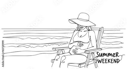 Enjoying summer weekend, woman in swimsuit relaxes in chair on sandy beach. Summer weekend provides tranquil escape. Continuous line art captures essence of summer weekend,