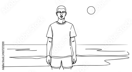 Line art depicts summer weekend getaway on beach, person standing, gazing out at serene seascape. Relaxing summer weekend includes simple sketch of figure and ocean water.
