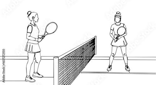 Summer weekend game of tennis shows two women playing on court outdoors. Enjoying summer weekend with active lifestyles is ideal. Summer weekend tennis promotes health and fitness for recreation.