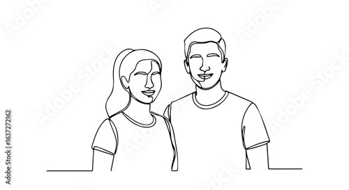Summer weekend depiction with a couple standing side by side, captured in continuous line art. Summer weekend getaway showing connection and togetherness, celebrating carefree time and companionship.