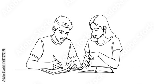 Young students studying together, enjoying summer weekend, drawn with clean outline. Summer weekend with educational activity, students focus intently on their notebooks and textbooks,