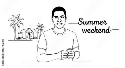 Summer weekend line art illustration features person with palms and beach house. Summer weekend drawing in minimalism style. Summer weekend concept for advertising travel agency, tourist banner,