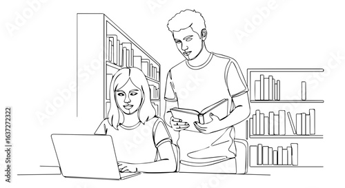 Students studying together in library. Young man and woman using laptop and book for help homework. Library research includes collaboration and academic success. Concept image for education.