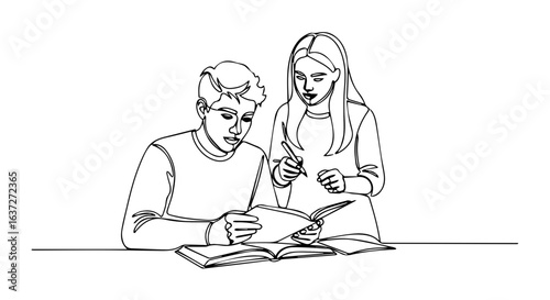 Students help homework together studying at table.  Teenage boy and girl attentively review textbook notes and prepare for exam.