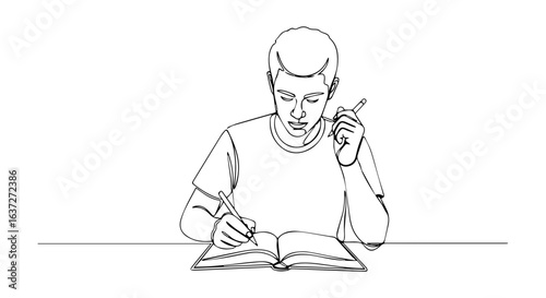 Student writing notes in notebook, diligently studying, preparing for exams. Concentrated young man learning, taking notes, making plans.  Educational concept for school, college, or university.