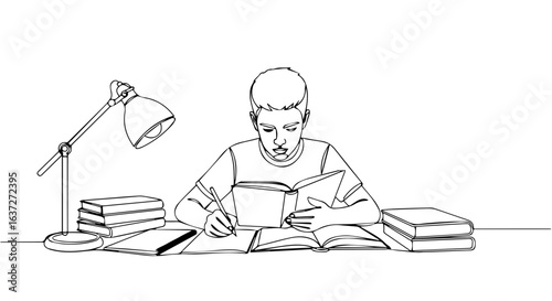 Student diligently studying late at night, preparing for upcoming exams.  He's using textbooks and notebooks, illuminated by desk lamp.  This focused student scene is perfect for education, homework,