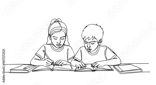 Homework help session with two elementary school children diligently working together on their assignments. Children share books and notebooks while studying.