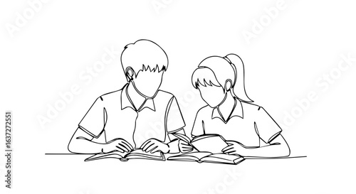 Students help homework together studying books and notes. Young students learn and prepare for exams. School concept for education and learning.