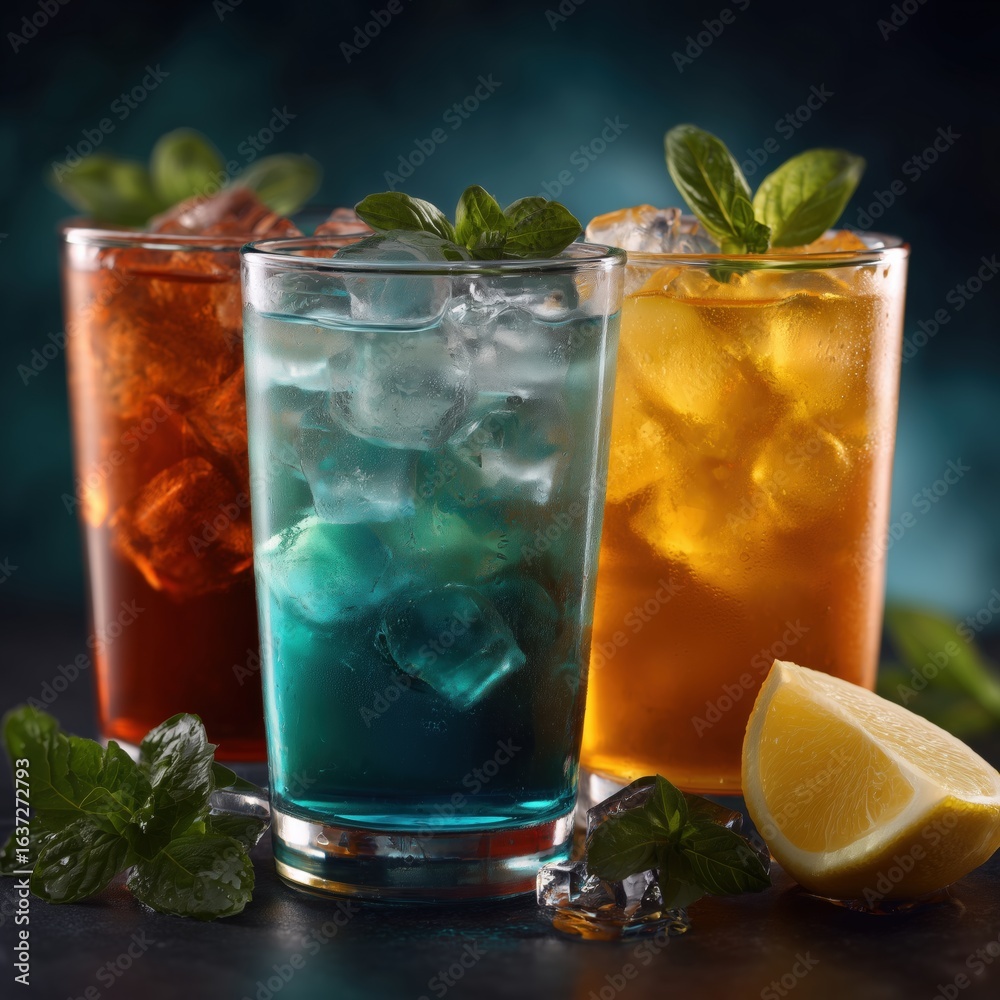 Fototapeta premium Refreshing summer drinks with ice close-up indoor colorful glasses