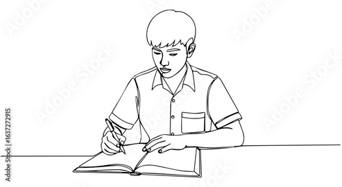 Boy studying intently doing help homework at desk with open book. Help homework requires focus and concentration, shown through his posture and expression.