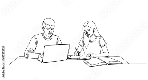Students working to help homework on laptop and in book on desk, outlined. Concentrated students at desk focus to help homework together. Concept help homework for education and study.