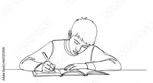 Boy doing homework with serious expression, concentrating on schoolwork. Doing homework is important to succeed in school, helping him learn and prepare for tests.