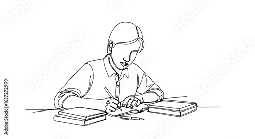 Student doing homework with pen and books, illustrating dedication to studying. Completing assigned readings and writing responses represents help homework concepts and academic pursuits.