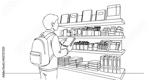 School shopping illustration of student with backpack choosing books and supplies from store shelves, school shopping. School shopping shows student's selection of items on shelf,