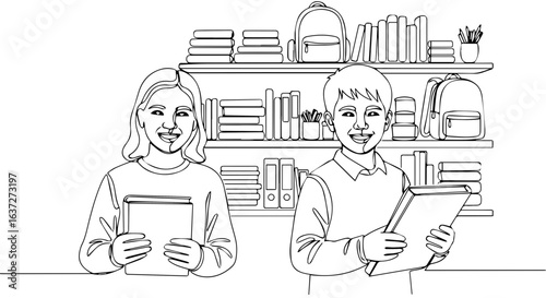 School shopping scene with young students near a bookshelf, school shopping preparation is underway, the students are gathering books and materials.
