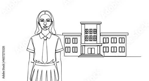 School uniform attire is presented by student in front of school building, showcasing education. School uniform clothing is neatly worn, reflecting disciplined learning environment.