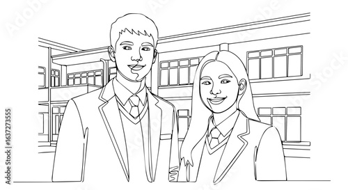 Two students in school uniform stand in front of a school building, smiling in uniform. These students in school uniform represent teamwork, learning and togetherness.