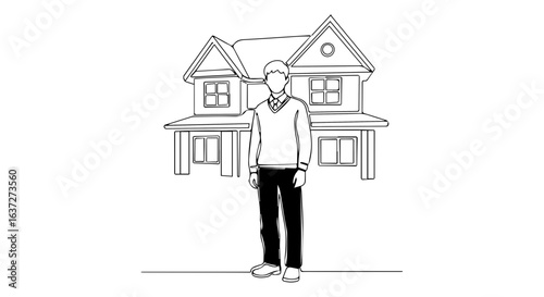 Line drawing of person in school uniform standing in front of house for sale, rental. Showing a person in school uniform is perfect for education and real estate advertisements.