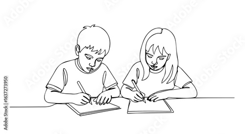 Two kids writing on paper in continuous line drawing, kids writing and focusing on schoolwork. Kids writing as a minimal black and white sketch, capturing studying in clean, single stroke.