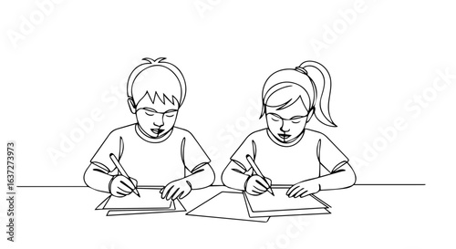 Kids writing a letter on desk with pens, kids writing together in classroom setting on paper. Youngsters kids writing creatively is an early development exercise.