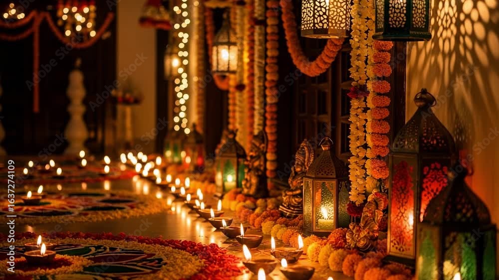 Dwailli Traditional Diwali decorations with glowing diya lamps and lanterns ...