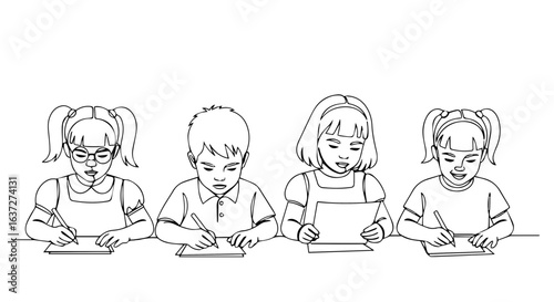 Kids writing at desks, with focused expressions, creating handwritten notes or completing assignments. These kids writing together show dedication to their tasks,