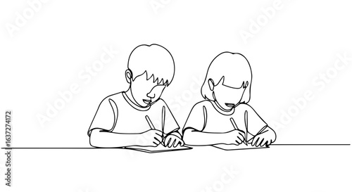 Kids writing on paper at a table, focused on learning and education. Kids writing in a linear style expresses childhood creativity and academic pursuit, simple drawing. Line art, kids writing,