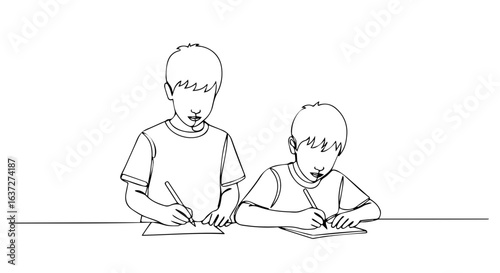 Two kids writing together on white paper with pencils, focused on completing their assignments, kids writing during quiet study time. Kids writing shows educational engagement, practice,