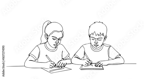 Two kids writing on paper in school, focused on their tasks and showing concentration. These kids writing create a studious atmosphere.