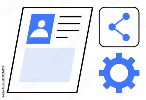 Profile page featuring a user icon, text details, sharing symbol, and settings gear. Ideal for user management, profiles, sharing, customization, app interface configuration simple landing page