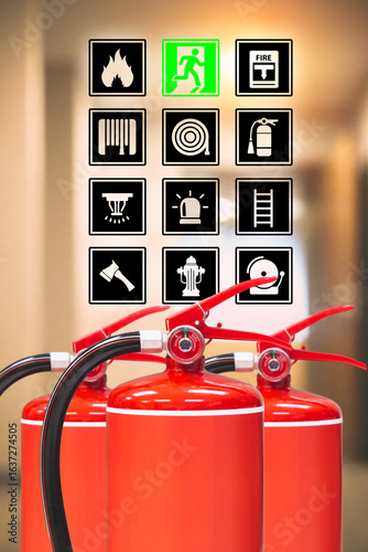 Wallpaper Mural Fire extinguisher red tank with prevent icons for protection or prepare fire equipment for prevention in emergency case and safety or rescue and alarm system training concept. Torontodigital.ca