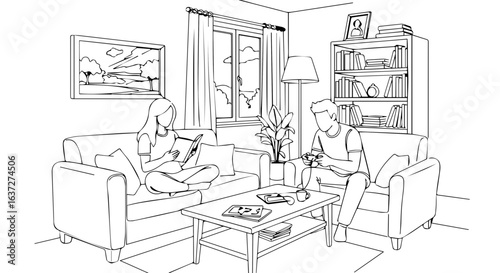 Summer weekend scene depicts a couple relaxing in their living room with comfortable sofas. Relaxing summer weekend atmosphere with natural light, indoor plants, and simple decor provides relaxation.