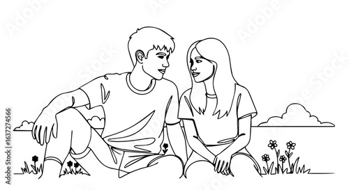 Summer weekend stroll featuring young couple relaxing on grass with flowers, enjoying nature. Relaxed summer weekend outdoors involves sunlight and gentle breeze with summer weekend joy.