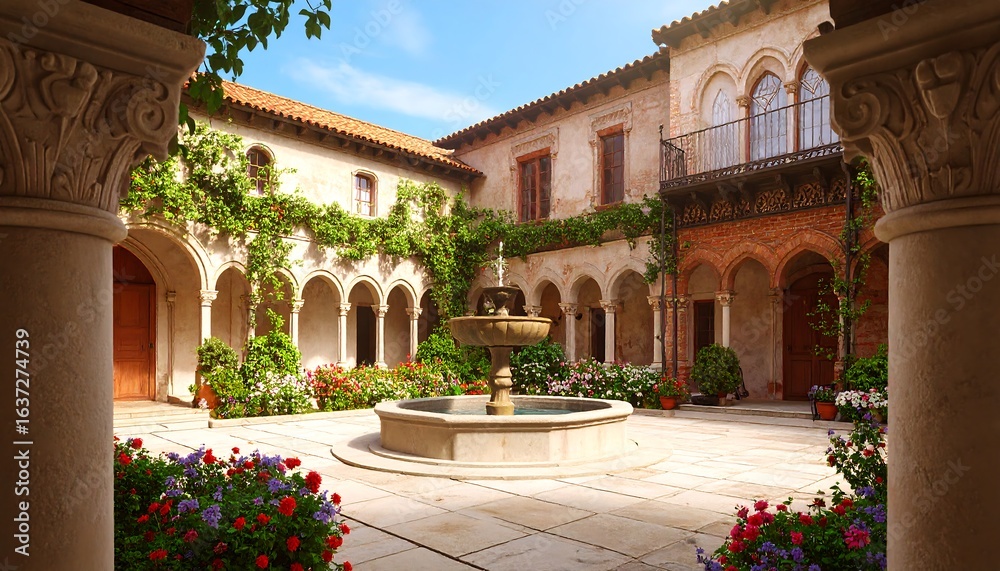 Obraz premium Sunny courtyard with arches and fountain