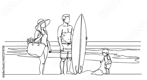 Summer weekend on beach showing family with child and surfboard. Summer weekend includes father, mother, and son enjoying time together at ocean.