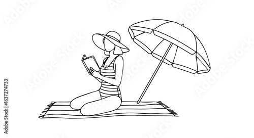 Enjoy summer weekend reading a book, sunbathing, relaxing at beach under umbrella. Summer weekend is best time for vacation. Depicting concept summer weekend fun and recreation for getaway,
