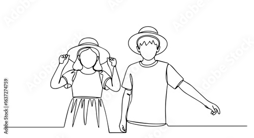 Summer weekend getaway depicted in single continuous line drawing of couple wearing sun hats, enjoying time off.
