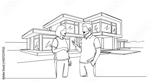 Summer weekend couple discussing plans standing in front of their modern home. Summer weekend lifestyle includes real estate investment and decision making about property.
