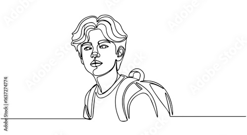 Teen backpack illustration in simple black line art portraying youthful energy and modern style. Teen backpack conveys freedom and independence, showing school backpack and simple lines.