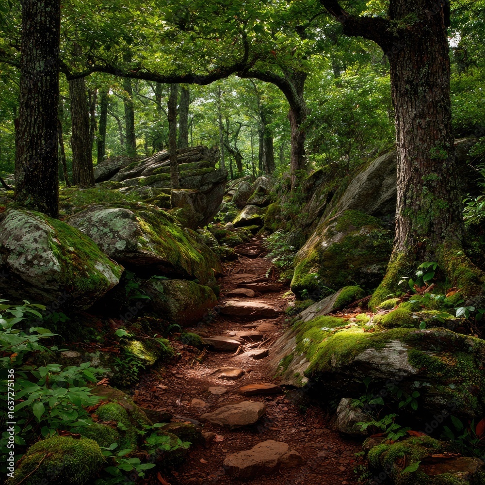 Fototapeta premium Moss-covered path winds through rocky forest