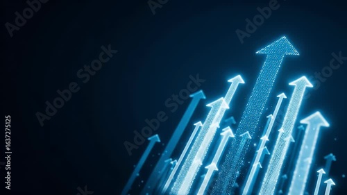 
Blue background with glowing arrows pointing upwards, representing growth and success in business or technology. Vector illustration of an upward arrow graph on a blue banner for web design